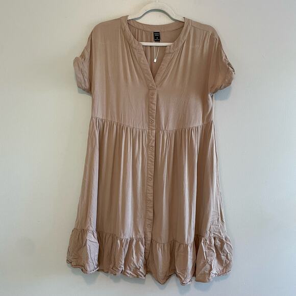 NWOT Emery Rose Size M Tan Brown Dress Button Up Short Sleeves Tiered - Picture 1 of 6